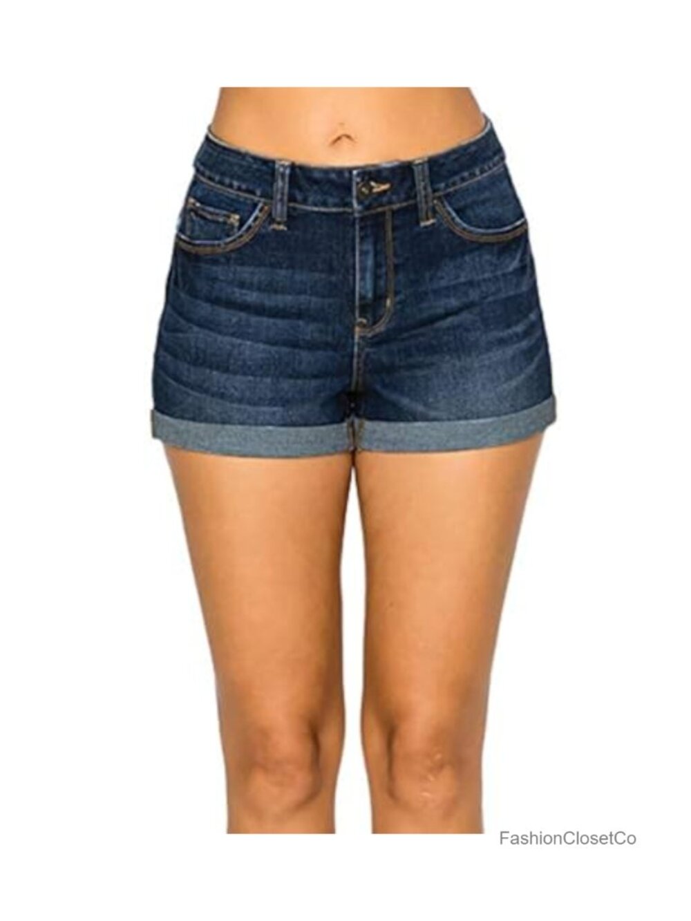 High Waisted Denim Shorts with Rolled Cuffs, 5-Pocket, Recycled Fabric, 4"